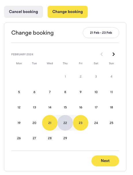 The calendar with 21 to 23 February selected and the Next button active