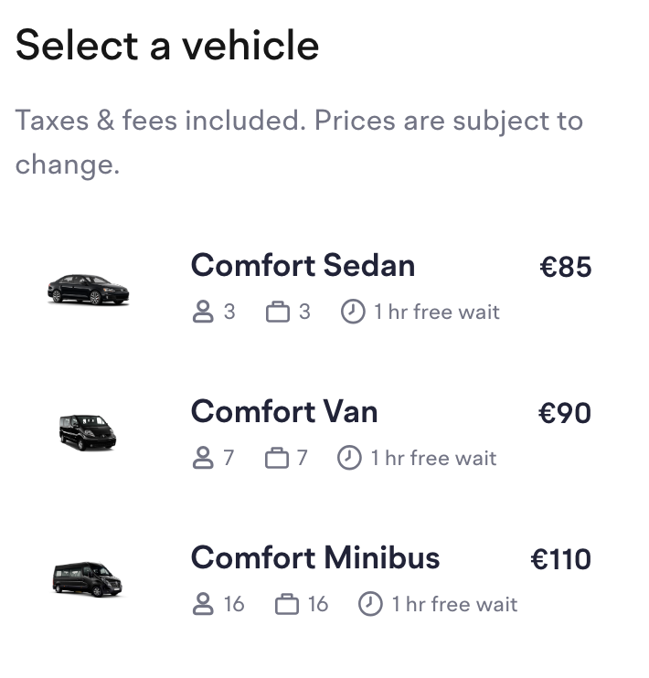 Select a vehicle list showing Comfort Sedan, Comfort Van and Comfort Minibus with passenger and luggage capacity, one hour free wait, and the price