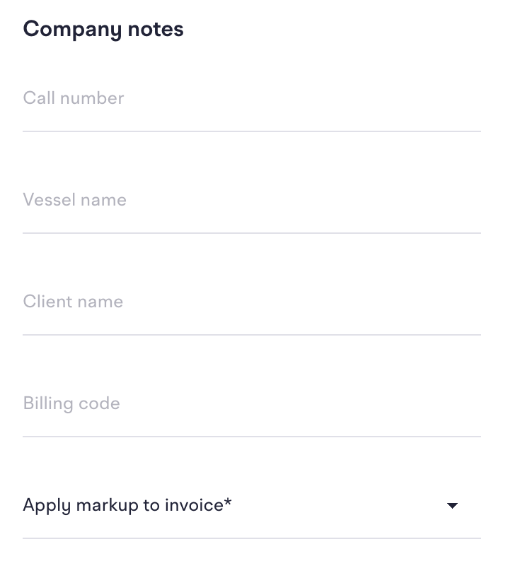 Company notes form with Call number, Vessel name, Client name, Billing code and Apply markup to invoice fields