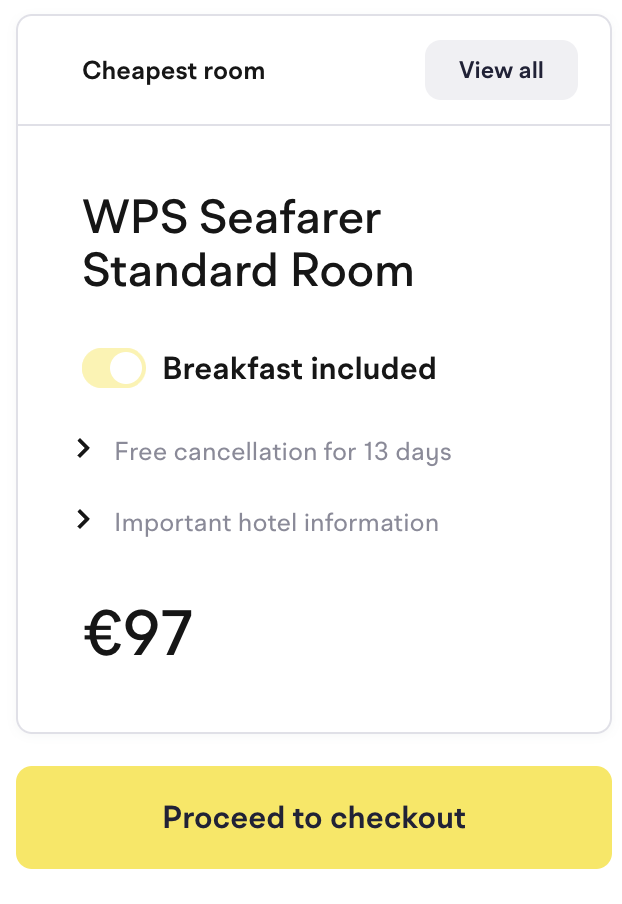 Cheapest room card showing WPS Seafarer Standard Room at €97 with breakfast included and free cancellation for 13 days, above a Proceed to checkout button